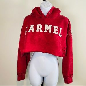 CARMEL Red & White Hoodie Cropped Refashioned & Distressed Size M
